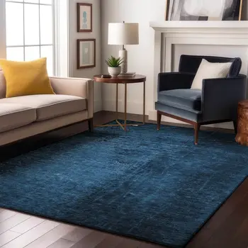 3' X 5' Navy Blue And Gray Abstract Washable Area Rug With UV Protection