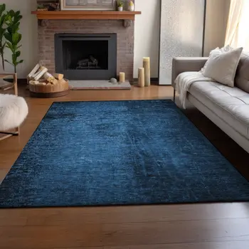 3' X 5' Navy Blue And Gray Abstract Washable Area Rug With UV Protection