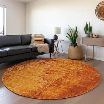 8' Rust And Gray Abstract Washable Round Rug With UV Protection
