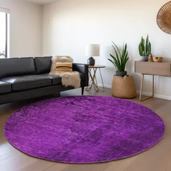 8' Purple And Gray Abstract Washable Round Rug With UV Protection