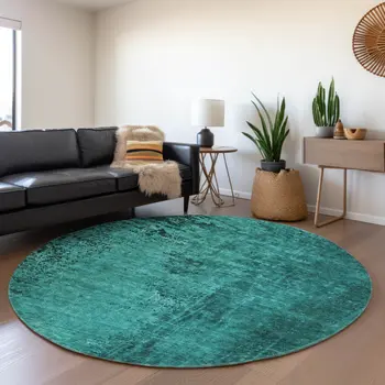 8' Teal And Gray Abstract Washable Round Rug With UV Protection