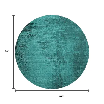 8' Teal And Gray Abstract Washable Round Rug With UV Protection
