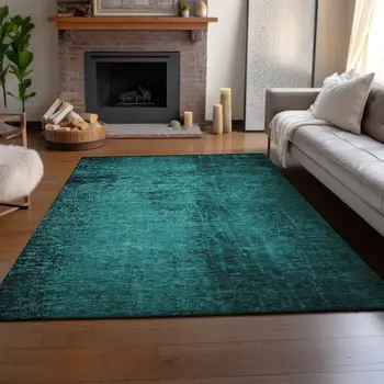 9' X 12' Teal And Gray Abstract Washable Area Rug With UV Protection
