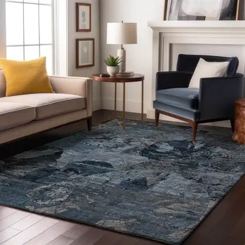 5' X 8' Denim Blue And Gray Abstract Washable Area Rug With UV Protection
