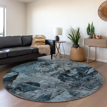 8' Denim Blue And Gray Abstract Washable Round Rug With UV Protection