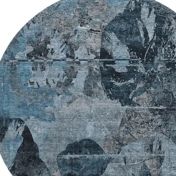 8' Denim Blue And Gray Abstract Washable Round Rug With UV Protection