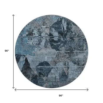 8' Denim Blue And Gray Abstract Washable Round Rug With UV Protection