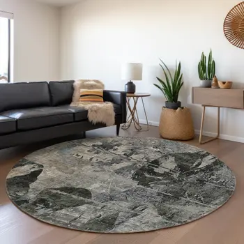 8' Gray And Taupe Abstract Washable Round Rug With UV Protection