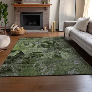 3' X 5' Green And Gray Abstract Washable Area Rug With UV Protection