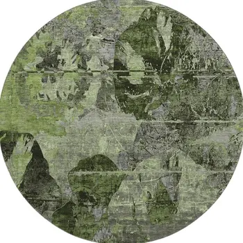 8' Green And Gray Abstract Washable Round Rug With UV Protection