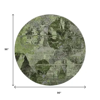 8' Green And Gray Abstract Washable Round Rug With UV Protection