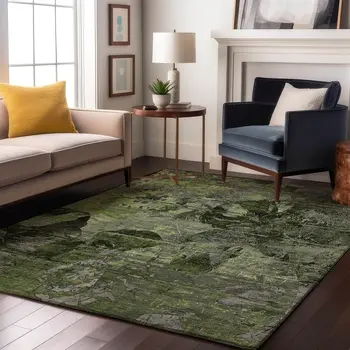 9' X 12' Green And Gray Abstract Washable Area Rug With UV Protection