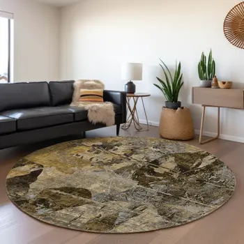 8' Coffee And Gray Abstract Washable Round Rug With UV Protection