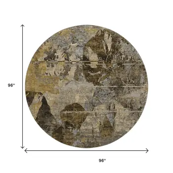 8' Coffee And Gray Abstract Washable Round Rug With UV Protection