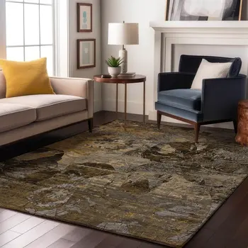 9' X 12' Coffee And Gray Abstract Washable Area Rug With UV Protection