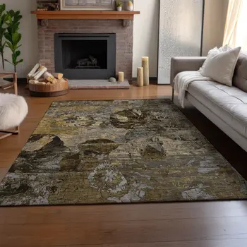 9' X 12' Coffee And Gray Abstract Washable Area Rug With UV Protection