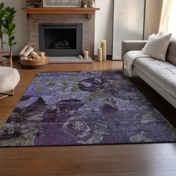 3' X 5' Purple And Gray Abstract Washable Area Rug With UV Protection