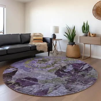 8' Purple And Gray Abstract Washable Round Rug With UV Protection