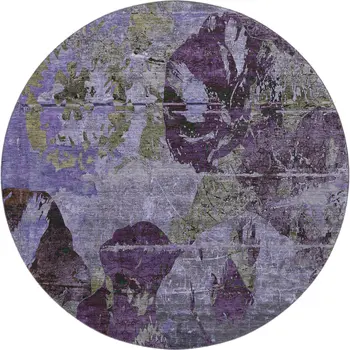 8' Purple And Gray Abstract Washable Round Rug With UV Protection