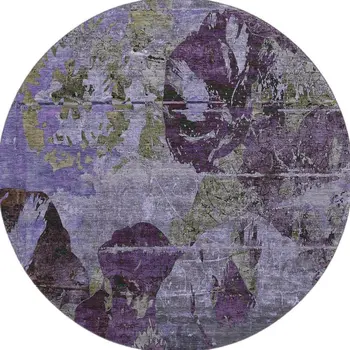 8' Purple And Gray Abstract Washable Round Rug With UV Protection