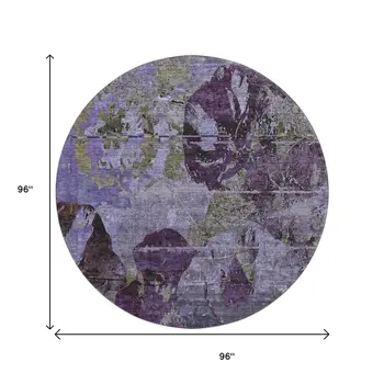 8' Purple And Gray Abstract Washable Round Rug With UV Protection