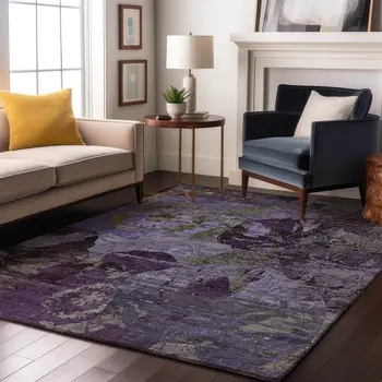 8' X 10' Purple And Gray Abstract Washable Area Rug With UV Protection