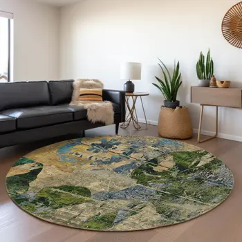 8' Taupe Green And Blue Abstract Washable Round Rug With UV Protection