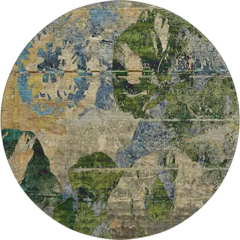 8' Taupe Green And Blue Abstract Washable Round Rug With UV Protection