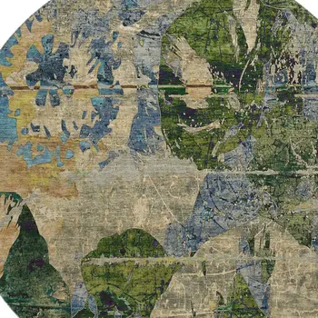 8' Taupe Green And Blue Abstract Washable Round Rug With UV Protection