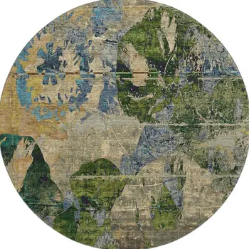 8' Taupe Green And Blue Abstract Washable Round Rug With UV Protection