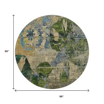 8' Taupe Green And Blue Abstract Washable Round Rug With UV Protection