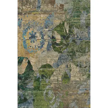 9' X 12' Taupe Green And Blue Abstract Washable Area Rug With UV Protection