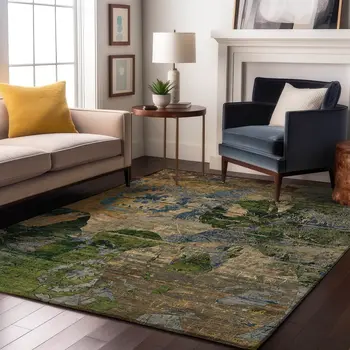 10' X 14' Taupe Green And Blue Abstract Washable Area Rug With UV Protection