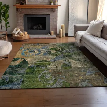 10' X 14' Taupe Green And Blue Abstract Washable Area Rug With UV Protection