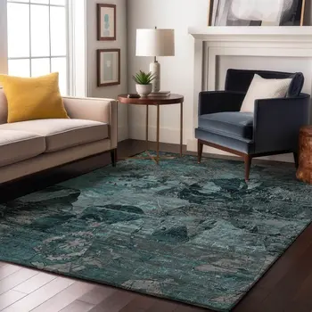 5' X 8' Teal And Gray Abstract Washable Area Rug With UV Protection