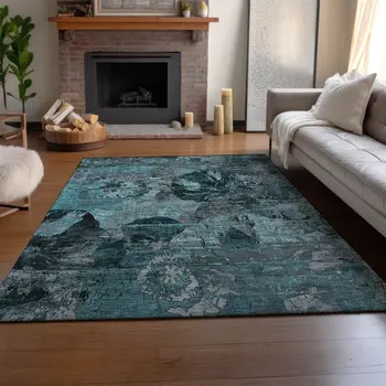 5' X 8' Teal And Gray Abstract Washable Area Rug With UV Protection