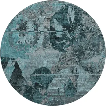 8' Teal And Gray Abstract Washable Round Rug With UV Protection