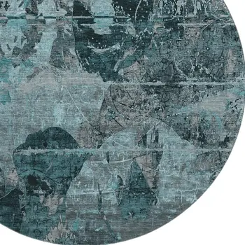 8' Teal And Gray Abstract Washable Round Rug With UV Protection