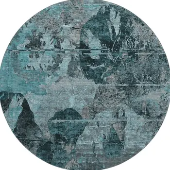 8' Teal And Gray Abstract Washable Round Rug With UV Protection