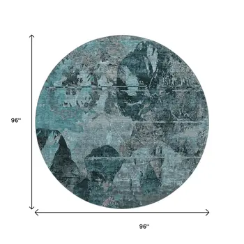 8' Teal And Gray Abstract Washable Round Rug With UV Protection