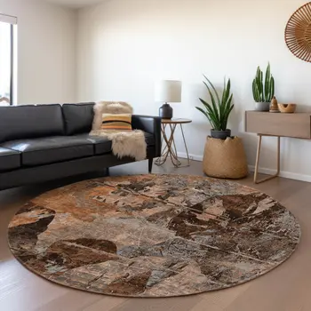8' Terra Cotta And Gray Abstract Washable Round Rug With UV Protection