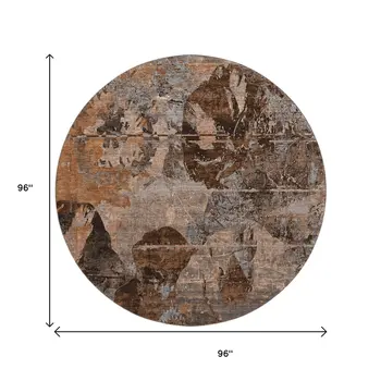 8' Terra Cotta And Gray Abstract Washable Round Rug With UV Protection