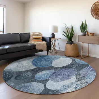 8' Blue And Ivory Abstract Washable Round Rug With UV Protection