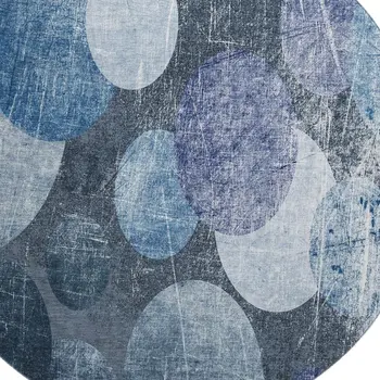 8' Blue And Ivory Abstract Washable Round Rug With UV Protection