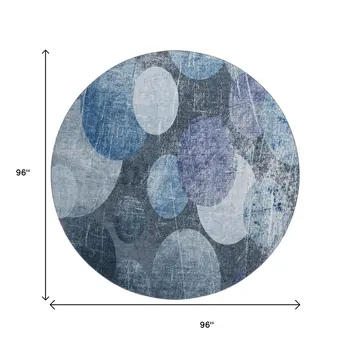 8' Blue And Ivory Abstract Washable Round Rug With UV Protection