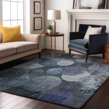 9' X 12' Blue And Ivory Abstract Washable Area Rug With UV Protection