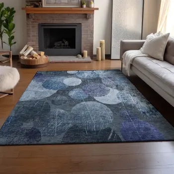 9' X 12' Blue And Ivory Abstract Washable Area Rug With UV Protection