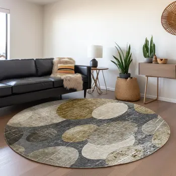 8' Brown And Ivory Abstract Washable Round Rug With UV Protection