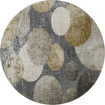 8' Brown And Ivory Abstract Washable Round Rug With UV Protection