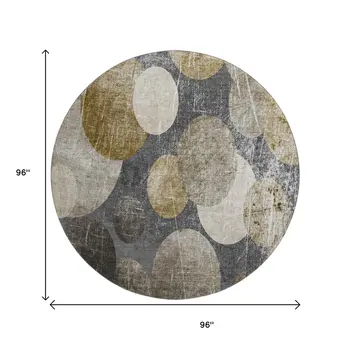 8' Brown And Ivory Abstract Washable Round Rug With UV Protection